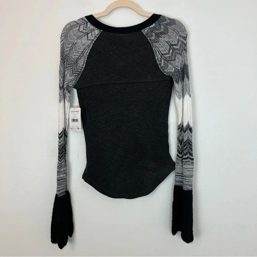 Free People Sunshine Thermal Knit Bell Sleeve Top Black Small Boho Casual Winter